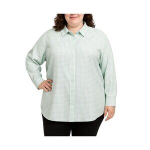 Woman Within Plus Size 1X Light Green White Gingham Button-Up Long Sleeve Shirt